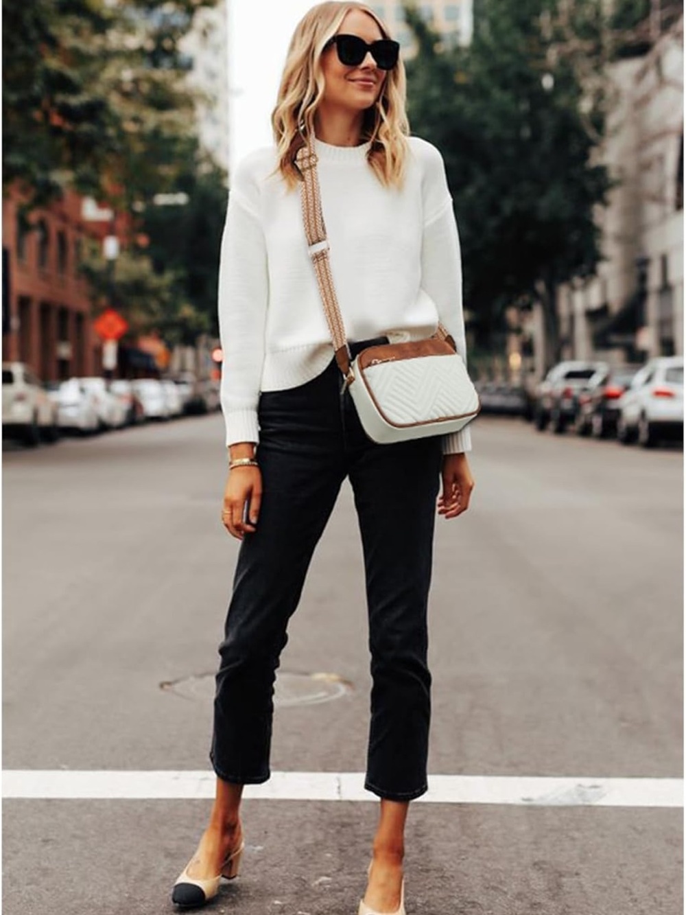 Quilted Crossbody Bag with Tan Trim - White